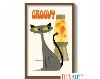 Mid Century Modern Art Print, Lava Lamp, Gray Cat Print, Retro Table Lamp, Black Cat Artwork, Hippie Decor, MCM Wall Art, Cat Lover Gift