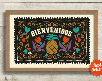 Mexican Folk Art Pineapple Art Print Kitchen Wall Art Pineapple Welcome Friends Welcome Gift Pineapple Decor Bienvenidos Amigos