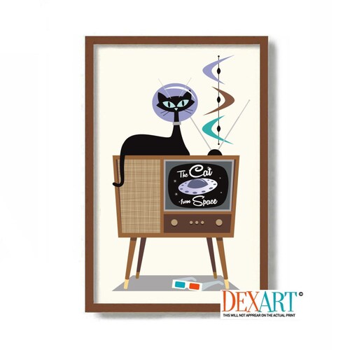 Lámina artística para televisión de gato negro moderno de mediados de siglo, ciencia ficción espacial