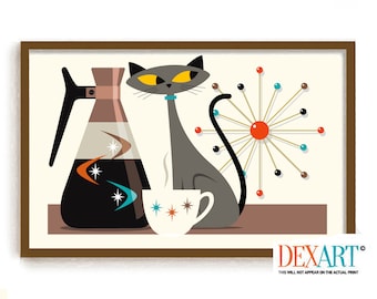 Mid Century Modern Atomic Cat Art Print, Cats and Coffee Print, Gray Cat Art Print, Kitchen Gift, Retro Coffee Pot, DexMex Atomic Star Decor