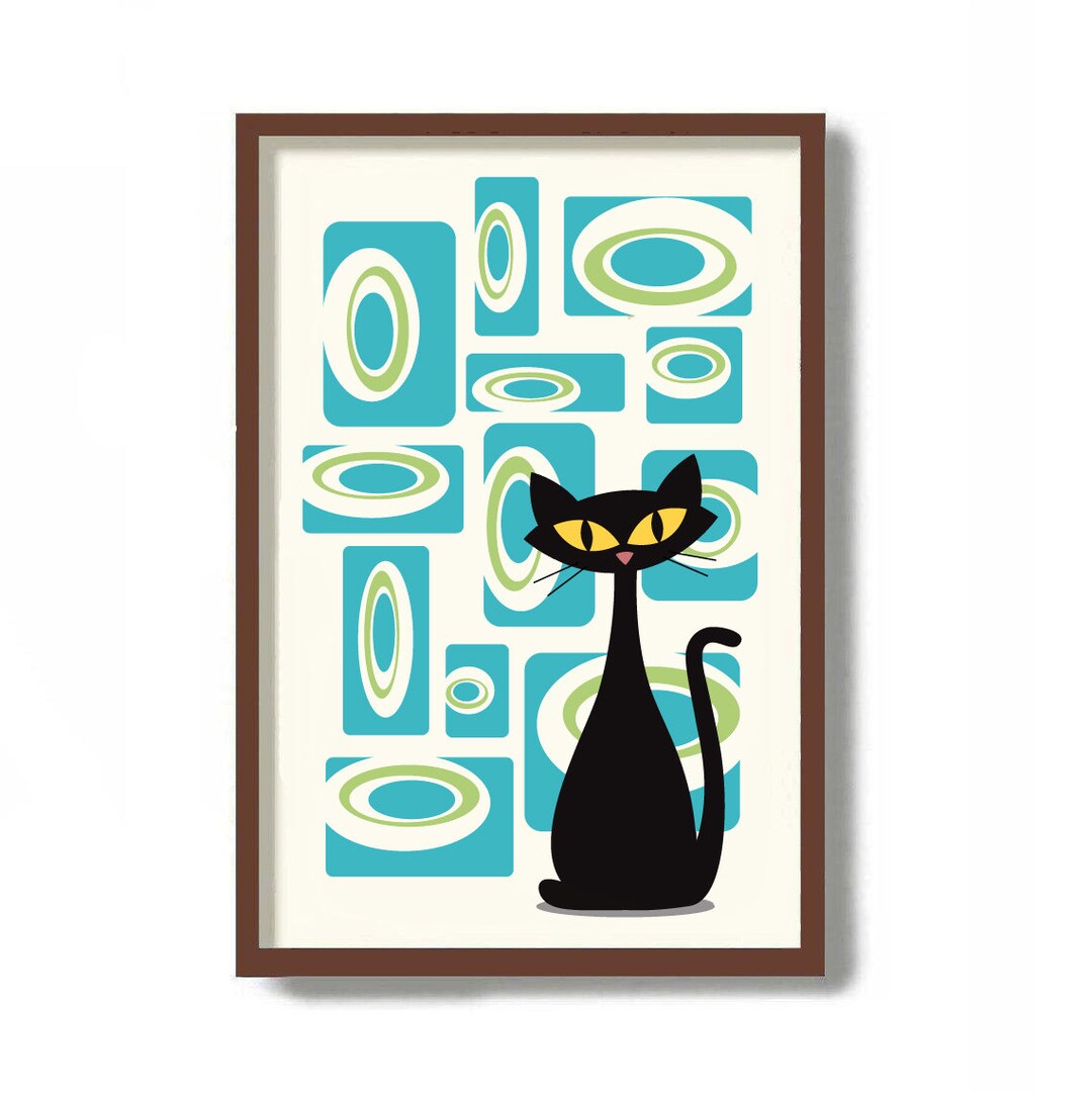 Mid Century Modern Art, Cat Lover Gift, Wall Decor, Black Cat Art Print ...