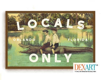 Vintage Florida Wall Art Print, Personalized Alligator Art, Old Florida Postcard, Florida Decor, Palm Tree, Florida Style, Locals Only Sign