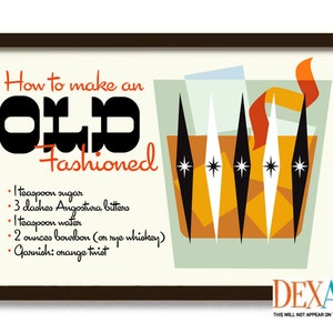 Whiskey Art Print, Old Fashioned, Cocktail Sign, Mid Century Modern Art, Bar Sign, Alcohol Mixed Drinks, Cocktail Recipe