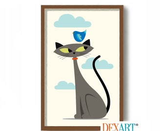 Cat and Bird Art Print, Mid Century Modern Wall Decor, Atomic Black Tabby Cat Art Print, Bird Lover, Ornithologist Gifts