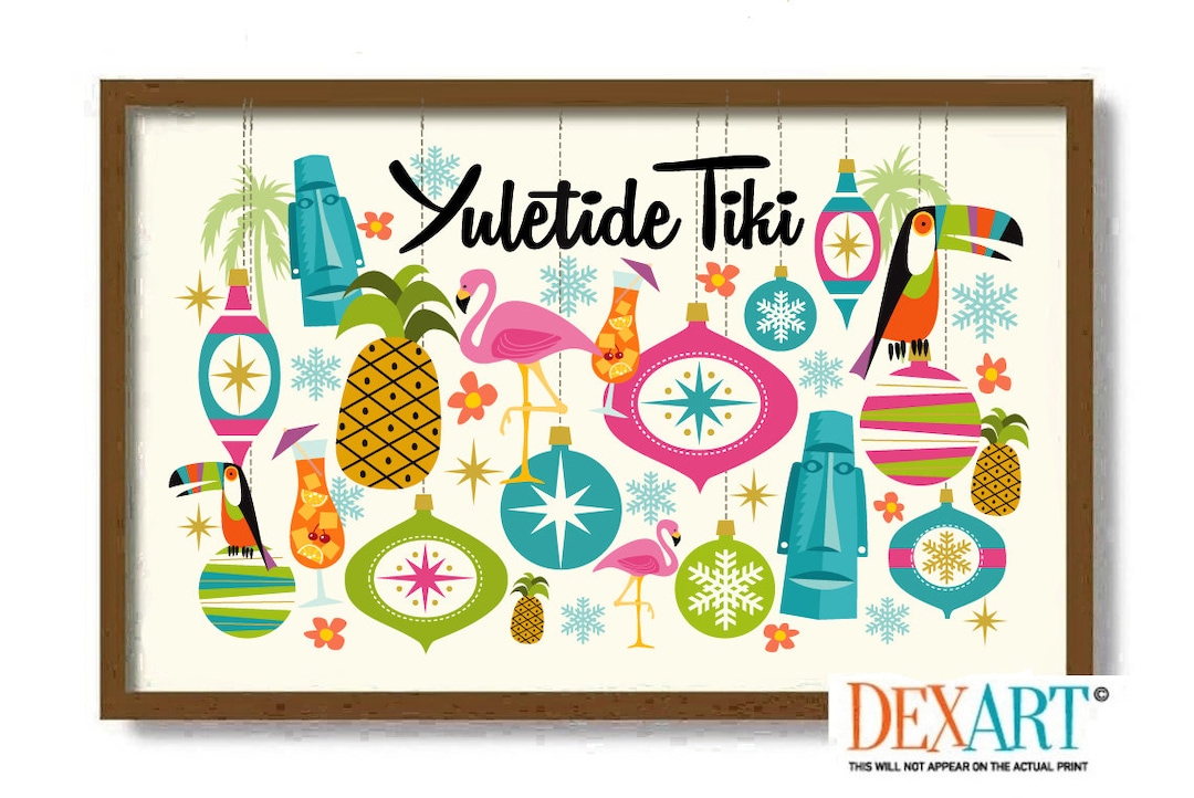 Christmas Tiki Bar Decor, Mid Century Modern Christmas Art Print, Toucan, Atomic Art, Holiday