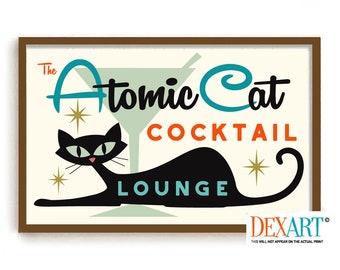 Mid Century Modern Atomic Age Cocktail Bar Wall Art, Black Cat Art Print, Martini Glass, Bartender Gift, Cat Lover Gift, Modernist Wall Art