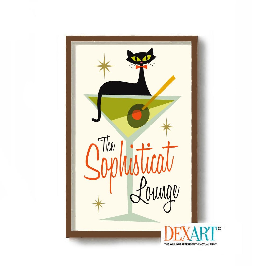 Mid Century Modern Cat Atomic Cocktail Bar Wall Art Print, Black Cat ...