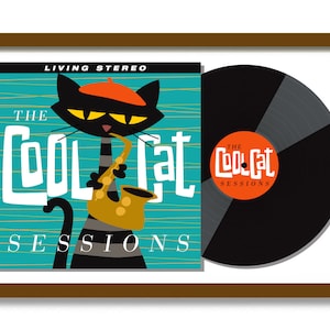 Mid Century Modern Art, Record Player Stand, Jazz Poster, Black Cat Art Print, Cat Poster, Cat Lover Gift, Vinyl Record Storage