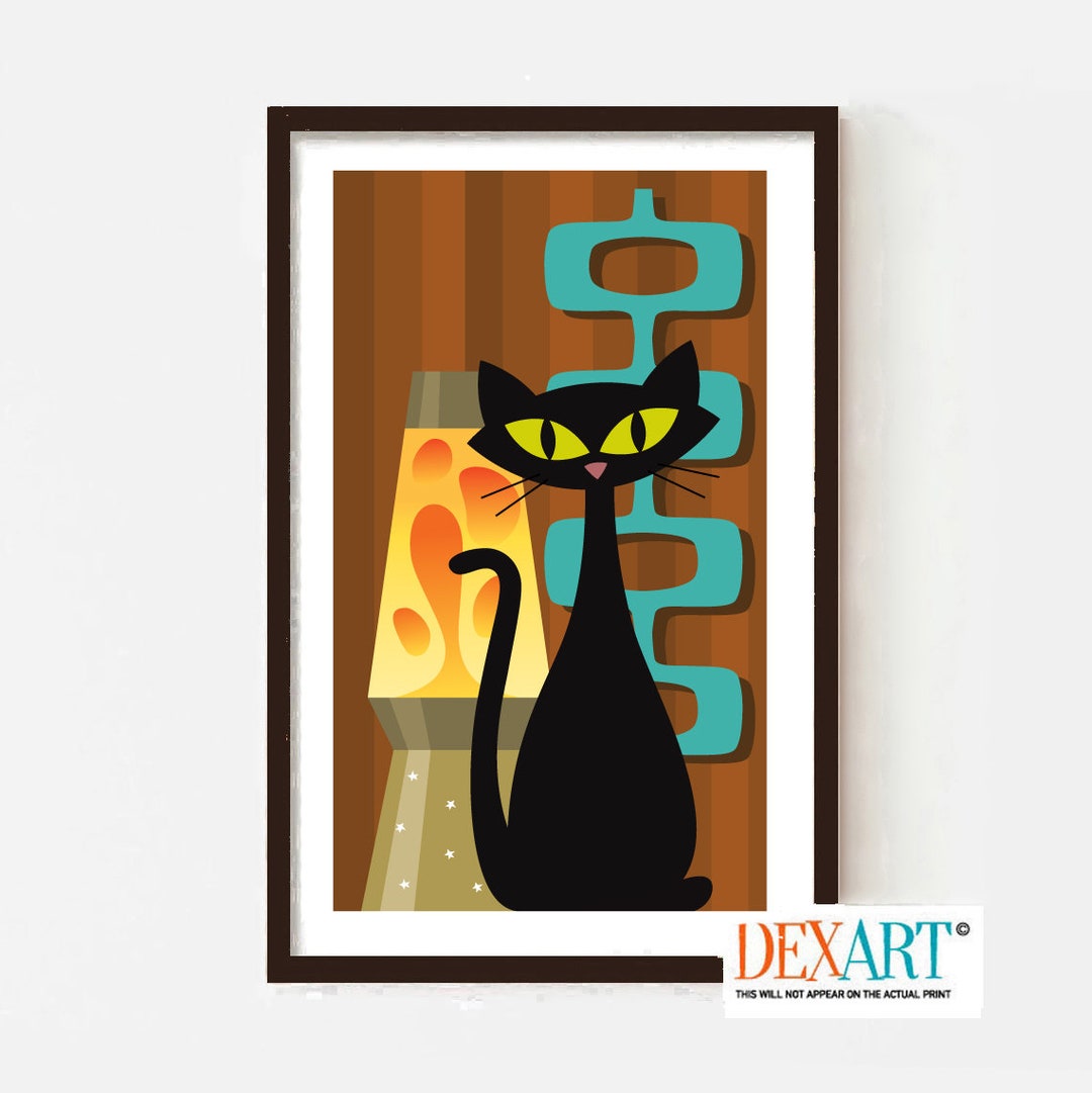 Mid Century Modern Cat Art Print, Lava Lamp, Black Cat, Retro