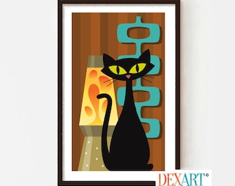 Mid Century Modern Cat Art Print, Lava Lamp, Black Cat, Retro Table Lamp, Black Cat Artwork, Atomic Cat Decor, MCM Wall Art, Cat Lover Gift