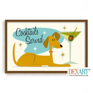 Láminas de arte moderno de perros de mediados de siglo, regalo de perro mestizo, Bad Dog Lounge, arte de pared de labrador amarillo, regalo de amante de los perros atómicos, arte de pared de perros, póster de cóctel