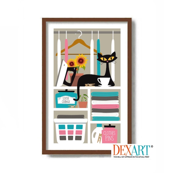 Black Cat Art Print, Laundry Room Decor, Mid Century Modern Wall Art, Laundry Sign, Black Cat Gift Idea, Cat Lover Gift, Laundry Basket