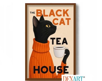 Tea Lover Gift, Black Cat Kitchen Art Print, Mid Century Modern Poster, Cat Drinking Tea, Tea Cup, Kitchen Wall Decor