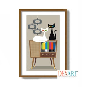 Cat Lover Gift, Mid Century Modern Art, Black Cat Art Print, White Cat Art, Old Television, Black Cat Gift Idea, Veterinarian Gift