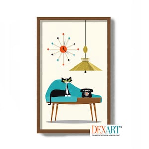 May include: A mid-century modern illustration of a black cat sitting on a blue couch with a retro phone on a side table. A gold pendant light hangs above the couch and a colorful atomic clock is on the wall.