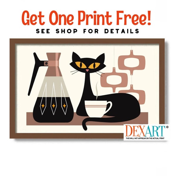 Cat and Coffee Art Prints, Mid Century Modern, Coffee Bar Sign, Kitchen Art Print, Black Cat Art, Coffee Lover Gift, Retro Atomic Cat