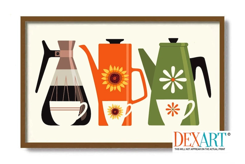 May include: A framed print featuring three stylized coffee pots in orange, green, and a glass carafe. The orange pot has a sunflower, the green pot has a daisy, and each has a matching cup. The print is on a cream background.