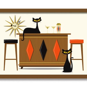 May include: A framed illustration of a mid-century modern bar scene with two black cats, a bar with orange and black diamond shapes, two bar stools, a cocktail shaker, and two martini glasses.