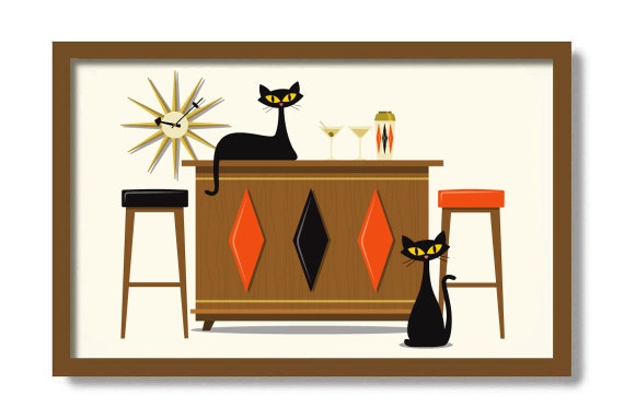 Mid Century Modern Art, Cocktail Bar Sign, Bartender Gift, Bar Cart Decor, Cat Lover Gift, Black Cat Art Print, Cocktail Shaker