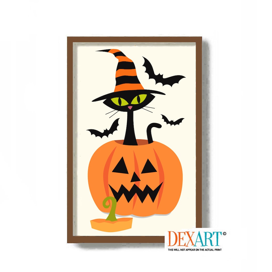 Halloween Cat Art Print, Black Cat Lover Gift, Pumpkin Jack O Lantern ...