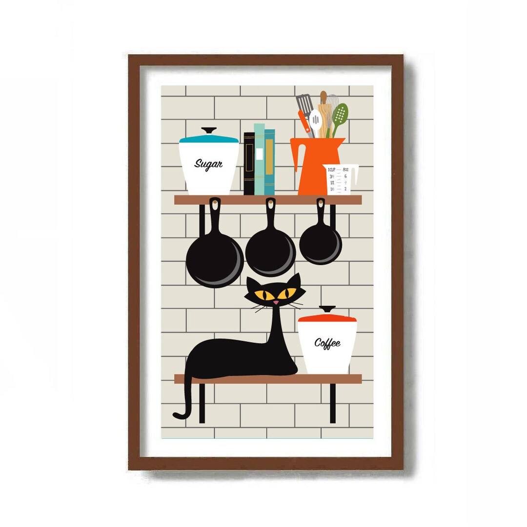 black cat chef art print: boho kitchen cooking poster... Kitchen Wall Art Cat Print, Mid Century Modern Art, Chef Gift, Loves to ...