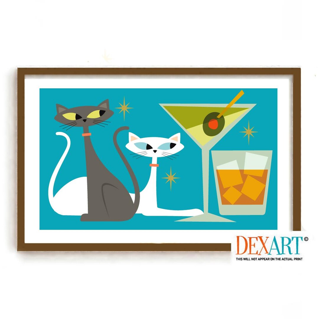 Mid Century Modern Cat Cocktail Bar Wall Art Print, Gray and White Cat ...