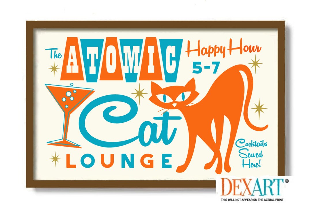 Mid Century Modern Atomic Cocktail Bar Wall Art, Black Cat Art Print ...