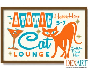 Mid Century Modern Atomic Cocktail Bar Wall Art, Black Cat Art Print, Martini Glass, Bartender Gift, Cat Lover Gift, Cocktail Shaker