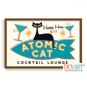 Mid Century Modern Atomic Cocktail Bar Wall Art, Black Cat Art Print, Rocket Spaceship, Bartender Gift, Cat Lover Gift, Martini Glass