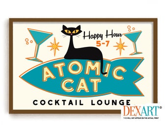 Mid Century Modern Atomic Cocktail Bar Wall Art, Black Cat Art Print, Rocket Spaceship, Bartender Gift, Cat Lover Gift, Martini Glass
