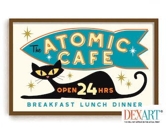 Mid Century Modern Cat Kitchen Art Print, Atomic Black Cat Lover Gift, Coffee Lover Wall Art, , Atomic Cafe Diner Sign Retro Coffee Cup
