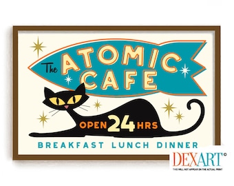 May include: A retro-style illustration of a black cat with yellow eyes in front of a blue and yellow sign that reads "The Atomic Cafe" with stars and the text "Open 24 Hrs" and "Breakfast Lunch Dinner".