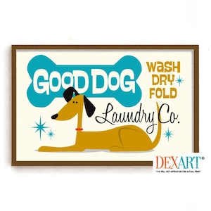 Puede incluir: Una ilustración de estilo retro de un perro con el texto "Good Dog Laundry Co." y las palabras "Wash Dry Fold" en un esquema de color azul y amarillo.