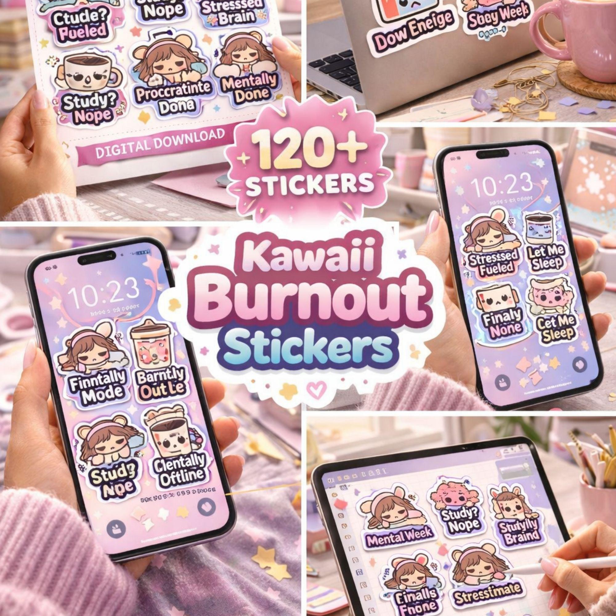 Kawaii Student Burnout Stickers – Study Humor Meme Sheet (digital ...