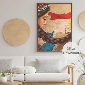May include: A framed art print featuring a woman with a long braid, wearing a traditional head covering. The artwork has a map background with red, blue, and yellow accents. The text "Dijital Download" is visible.