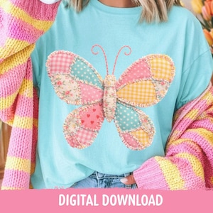 Imágenes prediseñadas PNG de patchwork de mariposas, diseño floral primaveral de moda, descarga digital de cuadros vichy estilo cottage core acolchados, estilo vintage retro imprimible