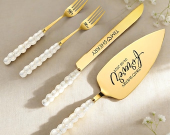 Personalized Cake Cutting Serving Set for Wedding Custom Engraved Cake Server Knife & Forks Gift for Bridal Shower Anniversary Birthday