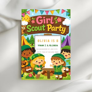 May include: A colorful Girl Scout Party invitation featuring cartoon illustrations of girls, tents, and a campfire. The invitation includes the text "Girl Scout Party" and details for Olivia's 8th birthday: date, time, and location.