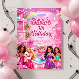 May include: A pink birthday party invitation featuring a cartoon illustration of a pink house, a rainbow, and four girls. The invitation reads "Olivia's 5th Birthday" with the date and time. Pink balloons and confetti are in the background.