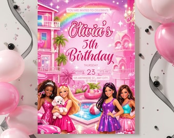 Doll theme Birthday Invitation Canva, Pink Glam Party Template, Editable Girls Invite, Digital Download, Printable & Mobile Design