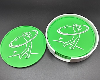 Golf Swing Coaster Set | Golfer Silhouette Drink Coasters | Man Cave Decor