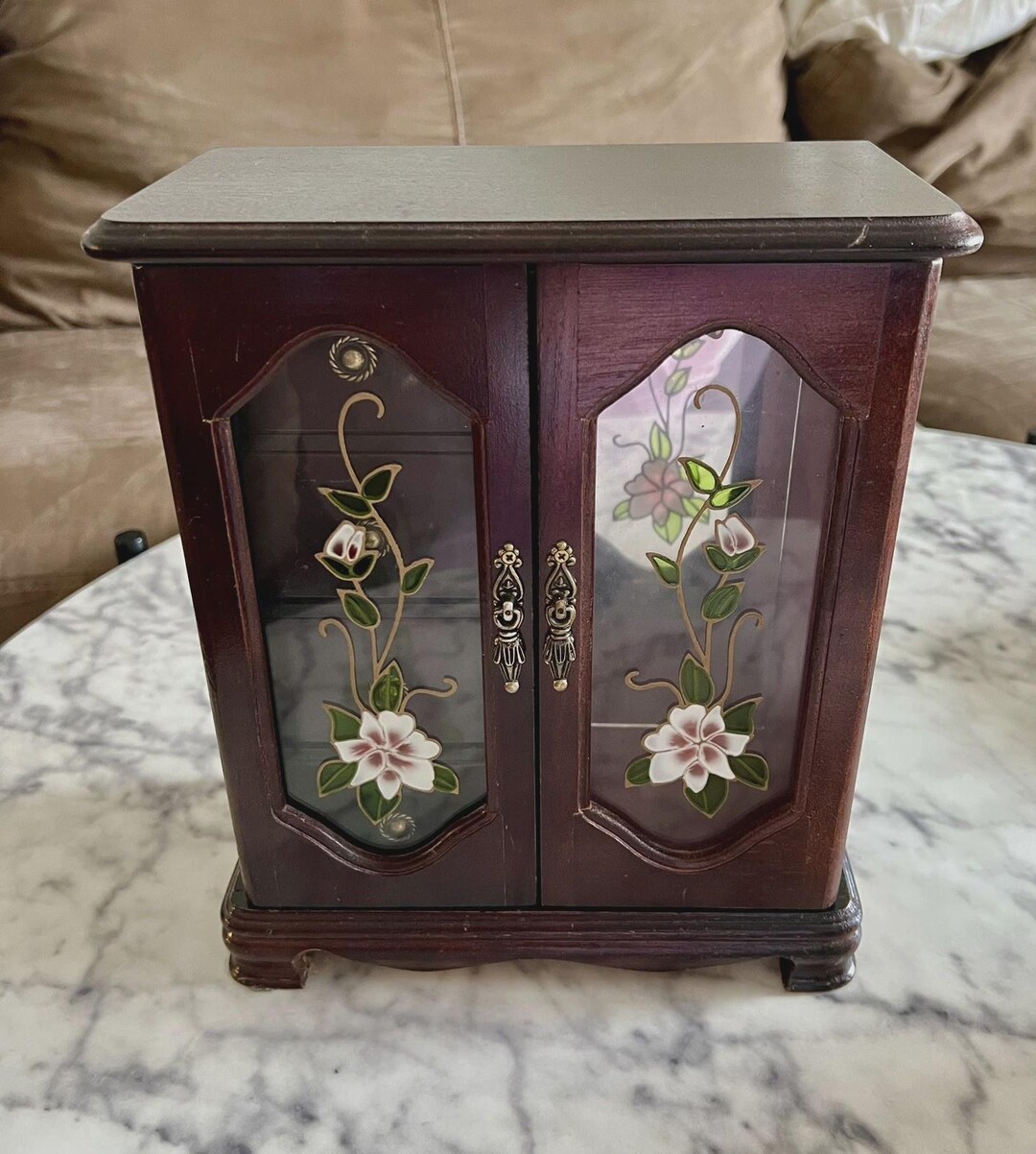 Vintage Wooden Armoire Jewelry Box - Pink Velvet Drawers, Rotating ...