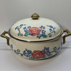 10” Floral Enamelware Dutch Oven w Lid, 2pc | Normandy Cookware | Cast Iron