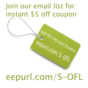 May include: Green tag with white string attached. The tag says "type this into your browser: eepurl.com/S-OFL" and "eepurl.com/S-OFL" is written below the tag.