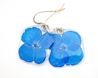 Gardener Gift, Nature Lover, pressed flower, woodland jewelry, Botanical jewelry, real blue hydrangea earrings and or pendant