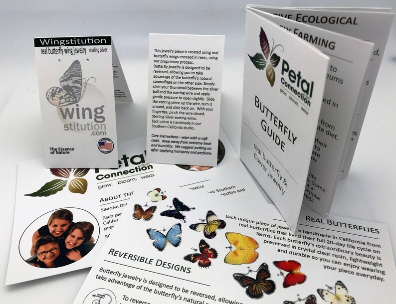 May include: A collection of cards with information about real butterfly wing jewelry. The cards feature images of butterflies, text about the jewelry, and the company logo, Petal Connection. The text on the cards reads "Real Butterfly & Flower Jewelry", "Reversible Designs", "About The Butterfly", and "Real Butterflies".