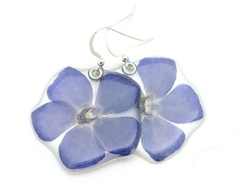 Gardening Gift, Pressed Vinca Flower, Pressed Petal Earrings, Botanical Jewelry, Nature Inspired, Hostess Gift, Real Blue Vinca Blossom