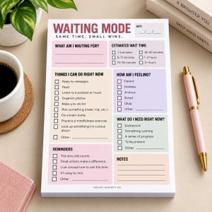 May include: A rectangular paper notepad titled Waiting Mode with the subtitle Same Time. Small Wins. The page features colour-coded sections with checkboxes for tracking wait times, feelings, tasks, and reminders, printed on a white background.