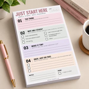 May include: A rectangular notepad titled JUST START HERE with sections numbered 01 to 04. The page features pastel color blocks in pink, green, purple, and peach. It includes checkboxes and lines for writing tasks, goals, and notes, with the text INSTANT CONFETTI CO. at the bottom.