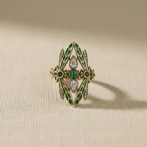 Art Nouveau Dragonfly Ring, Green Rhinestone Vintage Inspired Statement Jewelry